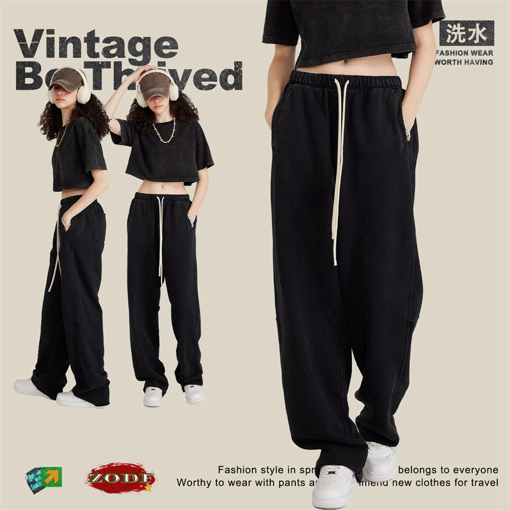 Zodf 2023 Frühling Männer 380gsm gewaschene Baumwoll hose American Retro Unisex lose Kante übergroße gerade Hose Streetwears hy0537