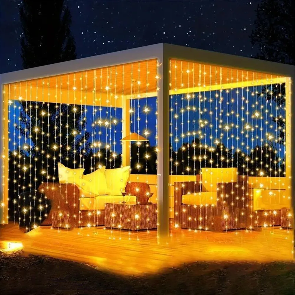 Imagem -03 - Solar Curtain Led Icicle Light Modos Cachoeira Natal Fairy String Light para Jardim Decoração do Pátio ao ar Livre 6x3m 3x3m