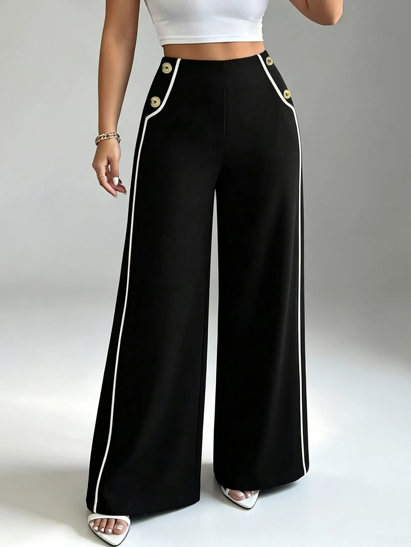 Damenhose mit hohem Bund, Knopfverschluss, vielseitig für den Alltag, weites Bein – Detail 3