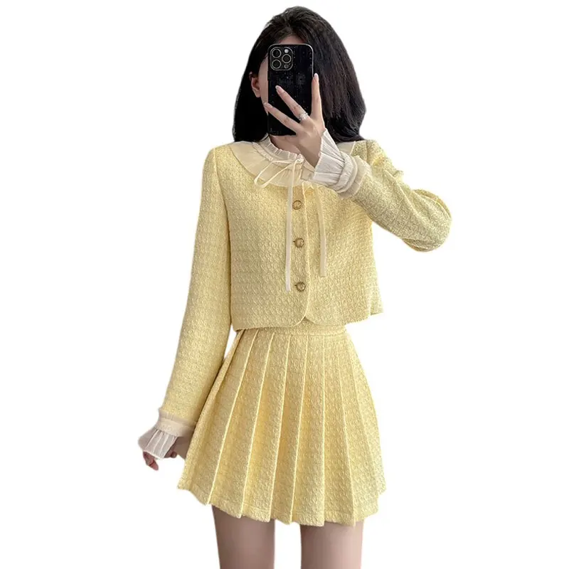 سترة نسائية قصيرة من الصوف الخشن الأصفر مكونة من قطعتين + تنورة مطوية 2025 مجموعة جديدة لخريف وشتاء نمط عطر صغير #5
