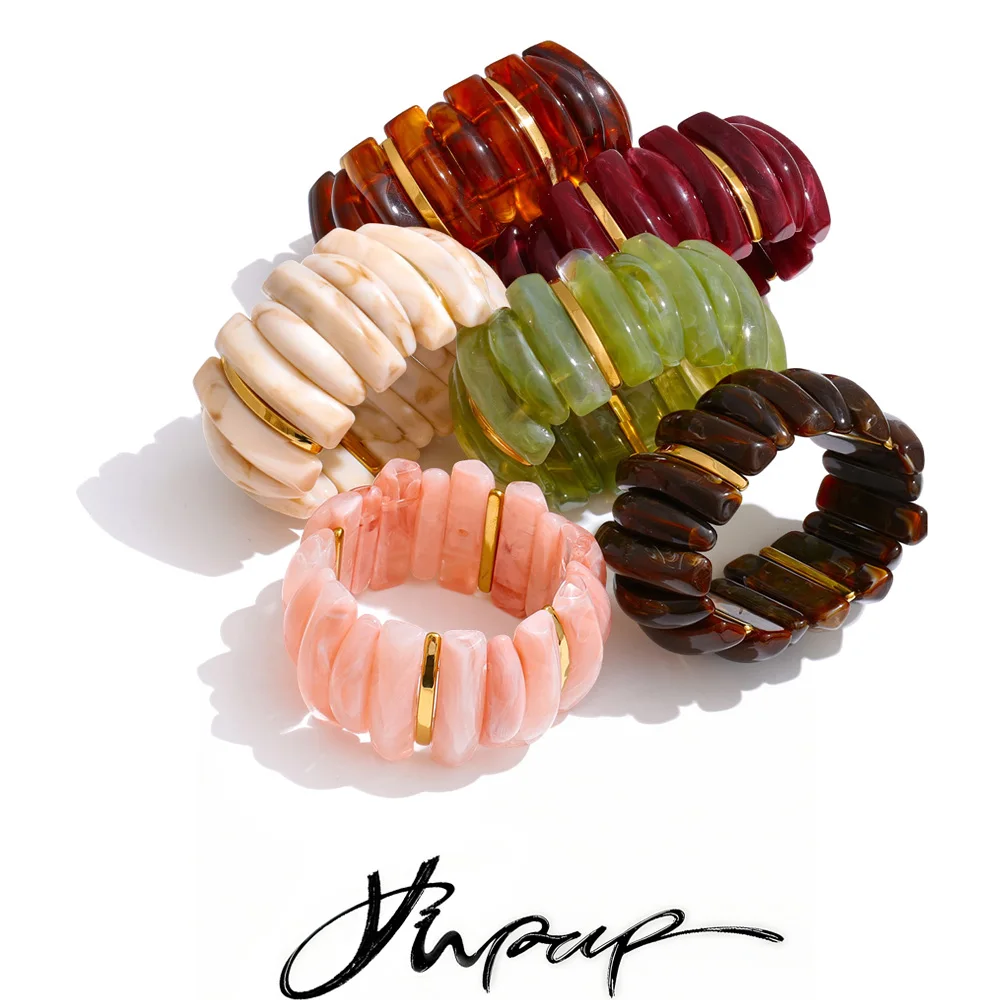 Yhpup 60mm Acrylic Resin Wide Elasticity Big Bracelet Bangle for Women Exclusive Design Stainless Steel Statement Wrist Jewelry