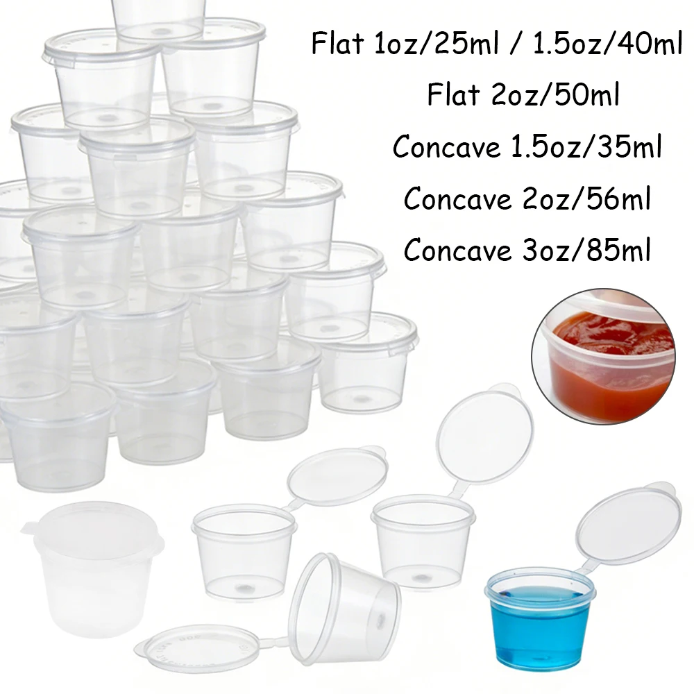 50-100 Piezas de Frascos de Salsa de Plástico Transparente con Tapas, Vasos Pequeños para Salsa, Recipientes Desechables para Alimentos, Frascos para Salsa para Almacenamiento de Alimentos en la Cocina