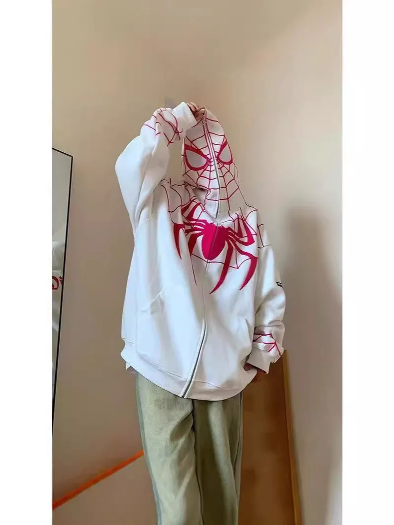 Spider Print Hooded Women's Hip Hop Zipper Long sleeved Jacket Coat 2025 Autumn/Winter Harajuku Casual Loose Hooded Sweatshirt