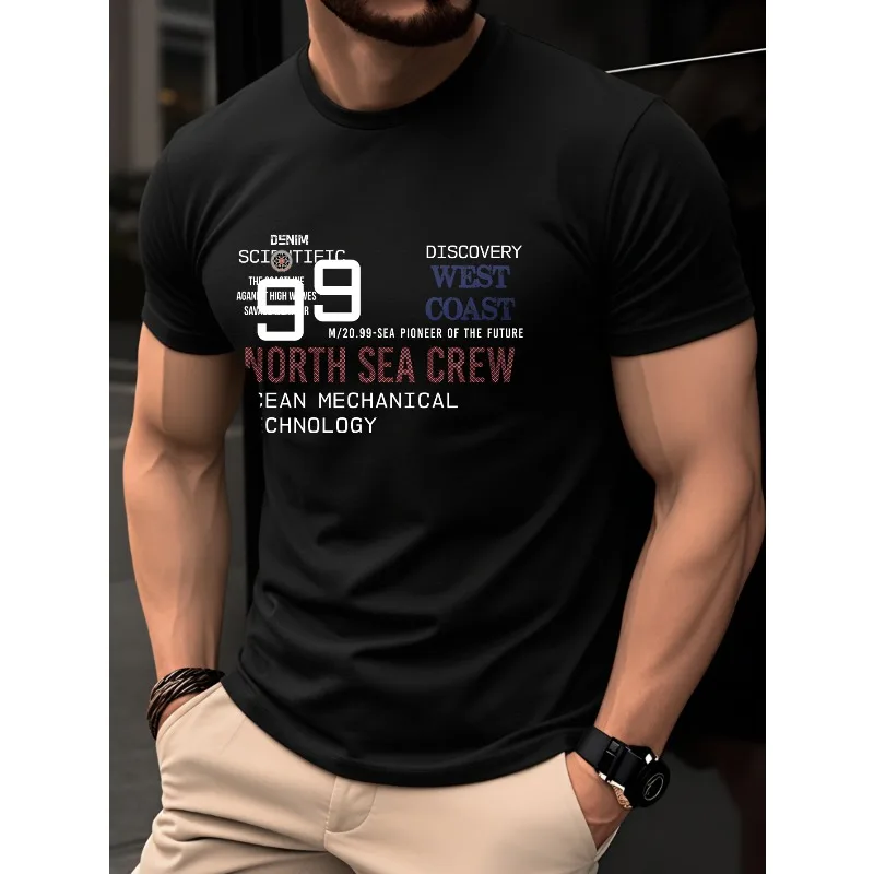 Men's Summer  Pure Cotton Fashionable Casual Letter Combination Printed Loose Round Neck Short Sleeved T-shirt Top