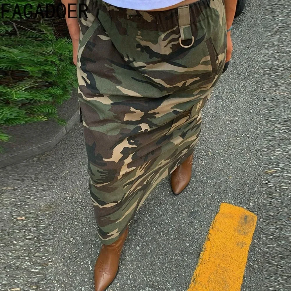 

FAGADOER Fashion Camouflage Printing Skinny Skirts Women High Waisted Pocket Straight Skirts Autumn Female Matching Bottoms 2023