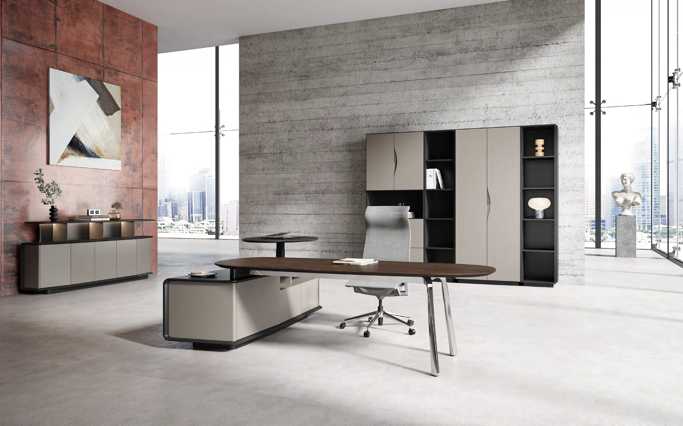Multi-function Executive Table CEO Desk Manager Desk President Desk Geometric Aesthetics and Art L-Shape Wood Finish LED