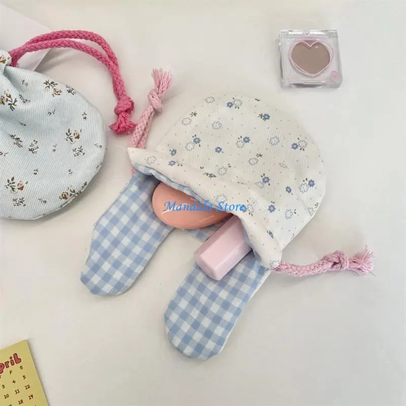 U2JC Portable Lightweight Drawstring Closure Bag with Cartoon Rabbit Ears Floral Design for Makeup Mini Purse