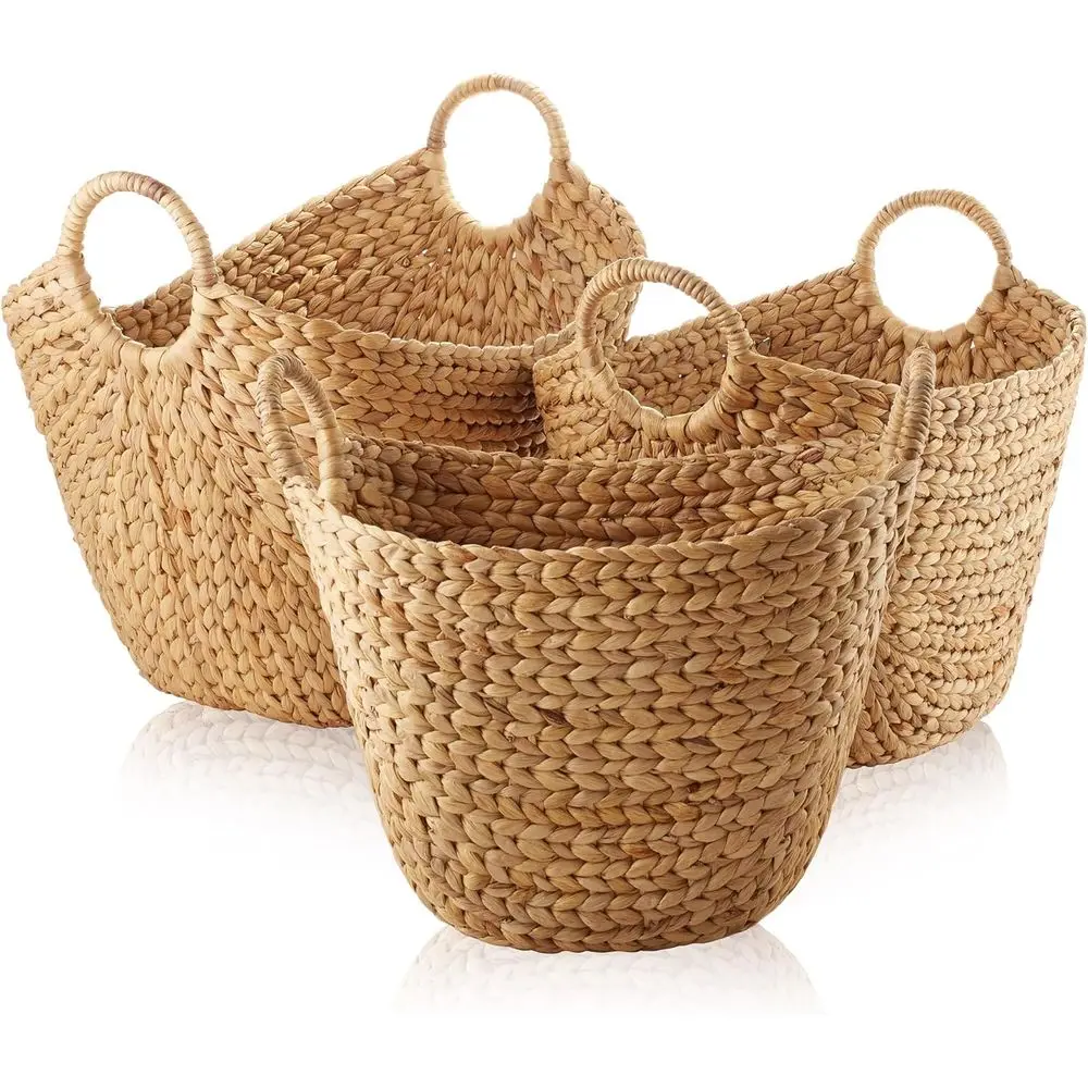 Triple Set of Multi-Purpose Natural Woven Hyacinth Baskets with Handles for Storage and Blankets in Living Spaces