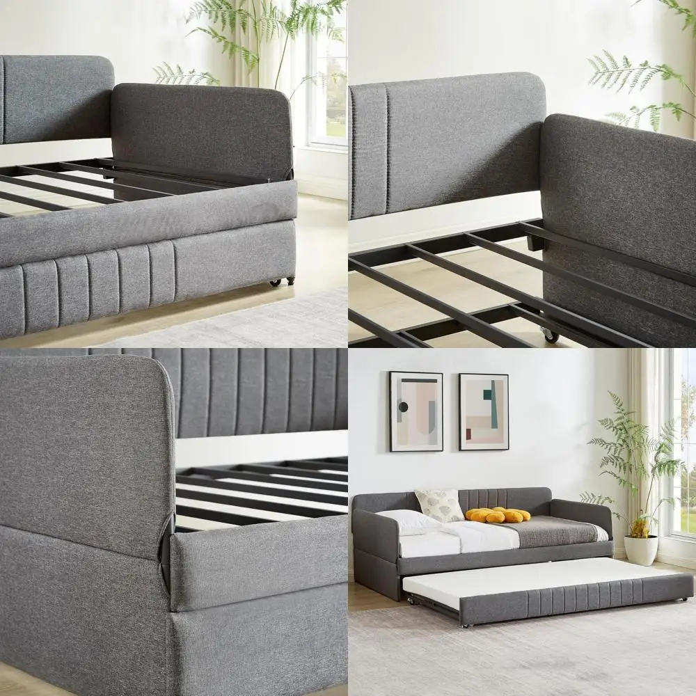 Gray Twin Daybed with Trundle, Linen-Covered Bed, Armrests and Back Support, No Box Spring Needed