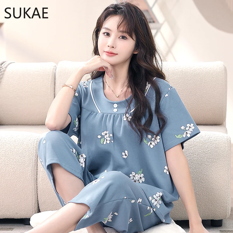 SUKAE Elegant Woman\'s Pajamas Set Summer Knee-length Sleepwear Gorgeous Floral Pijamas Lady Calf-Length Pants Pjs Mujer Homewear