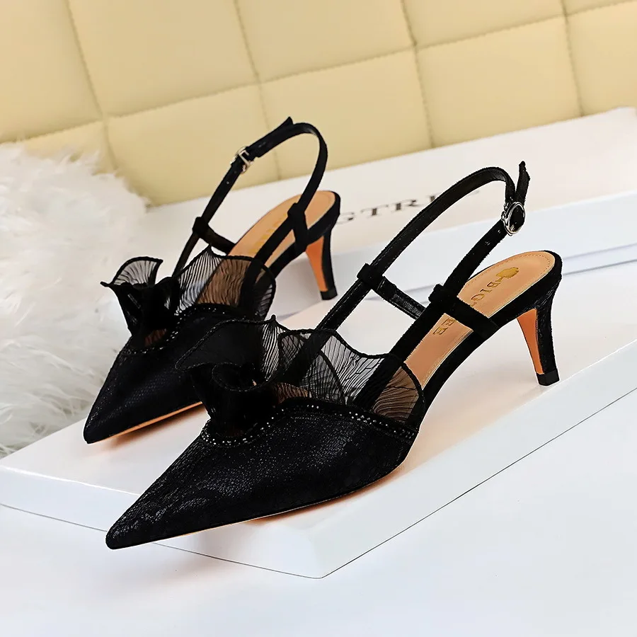 Women's Fashion Banquet Heeled Ladies Wedding high shoes Shallow Mouth Pointed Bridal Heels Mesh Lace Strap Sandals pumps