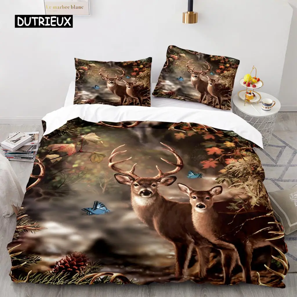 Deer Duvet Cover 3D Sunset Elk Bedding Set for Kids Girls Soft Microfiber Quilt Cover with Zipper Closure