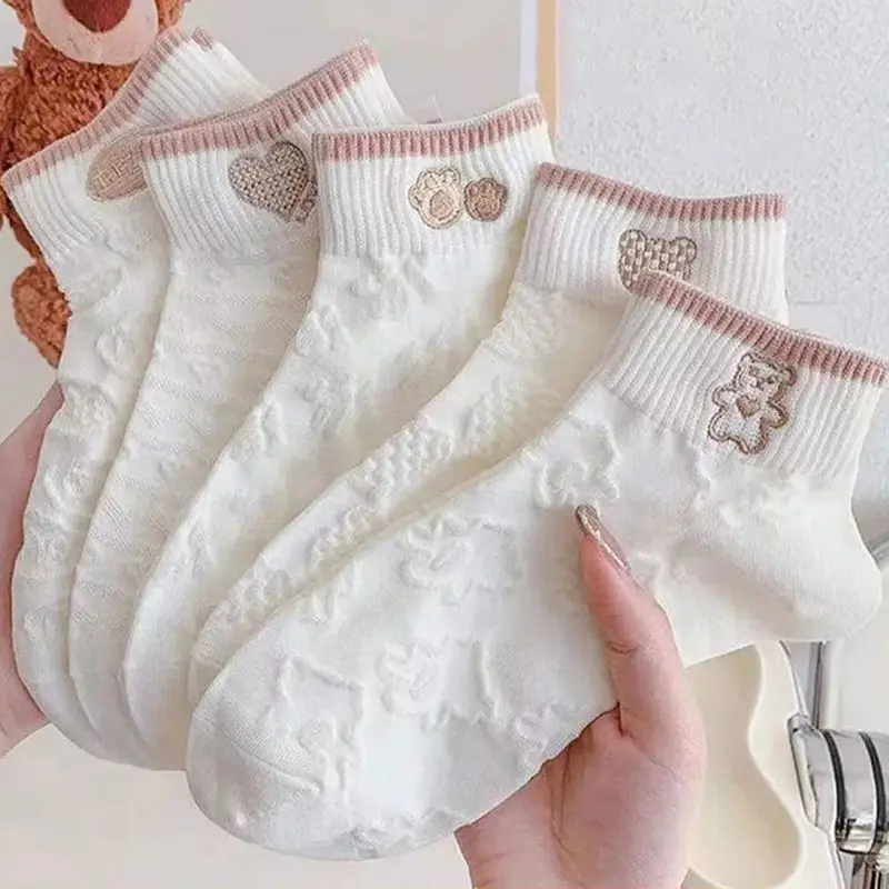 5 Pairs Breathable Cute Short Socks Cartoon Bear Design Comfortable Cotto Women's Leggings Fashionable Autumn Collection