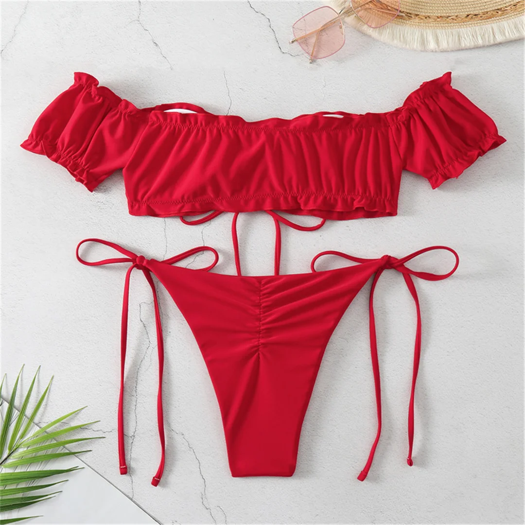 Schulterfreier, hoch geschnittener Bikini mit Scrunch-Effekt am Po, Damen-Badeanzug, zweiteiliges Bikini-Set, Badebekleidung, Badeanzug, Schwimmbikini V6126 – Detail 11