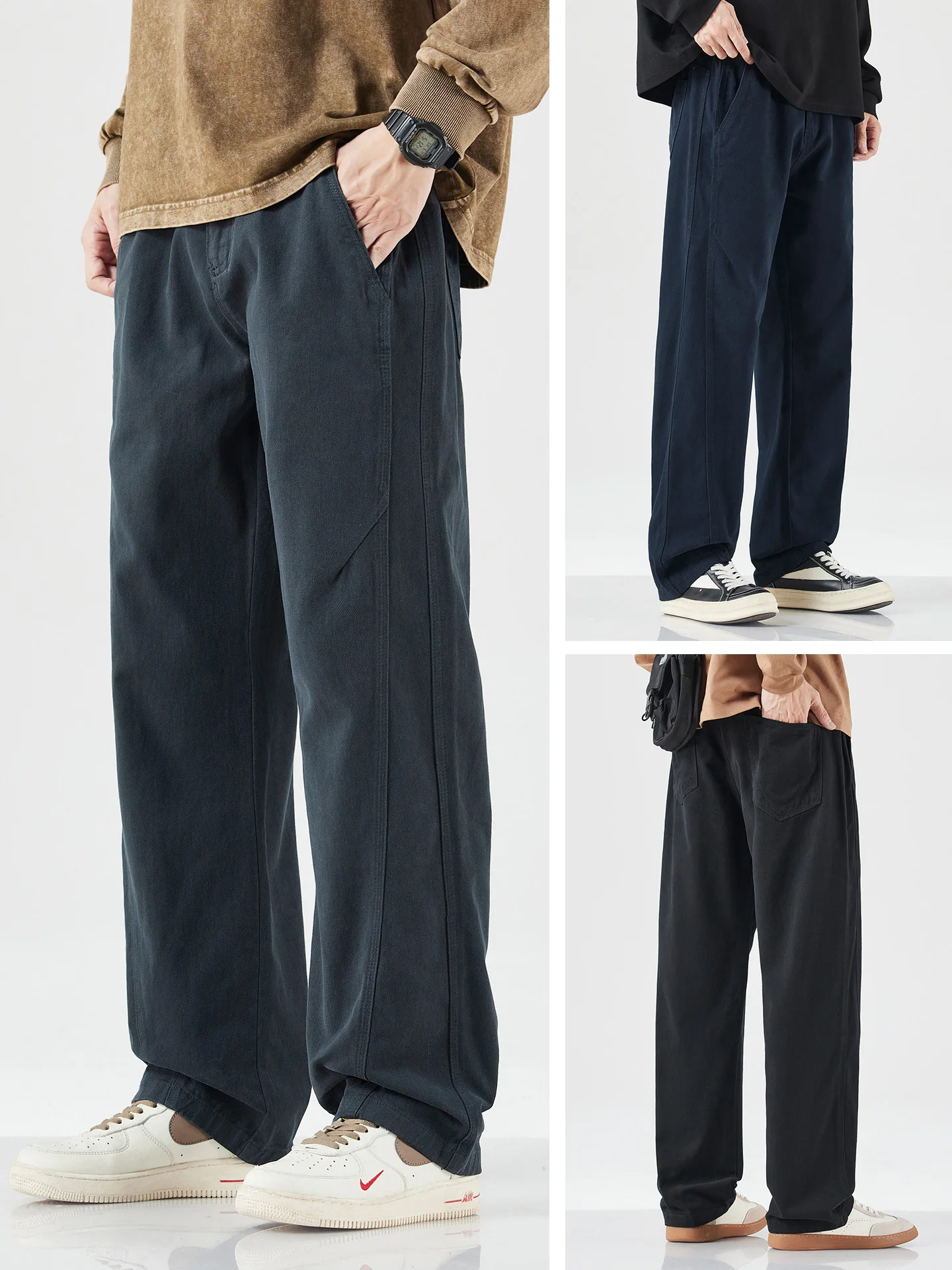 DUKEEN Heavyweight 100% Cotton Straight-Leg Pants for Men Loose Fit Cargo Trousers Vintage Workwear Fall Winter Casual Pants