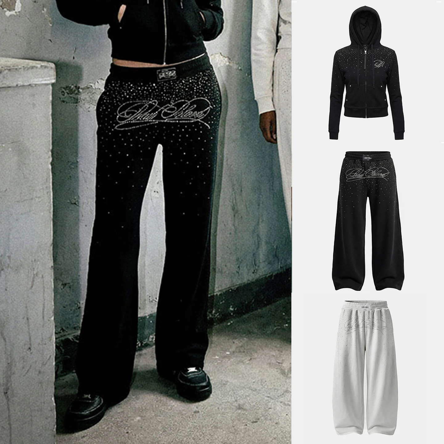 

American Retro Hot Girl Casual Pants Women's Rhinestone Wide Leg Sweatpants Sporty Long Trousers Street Style Loose Fit