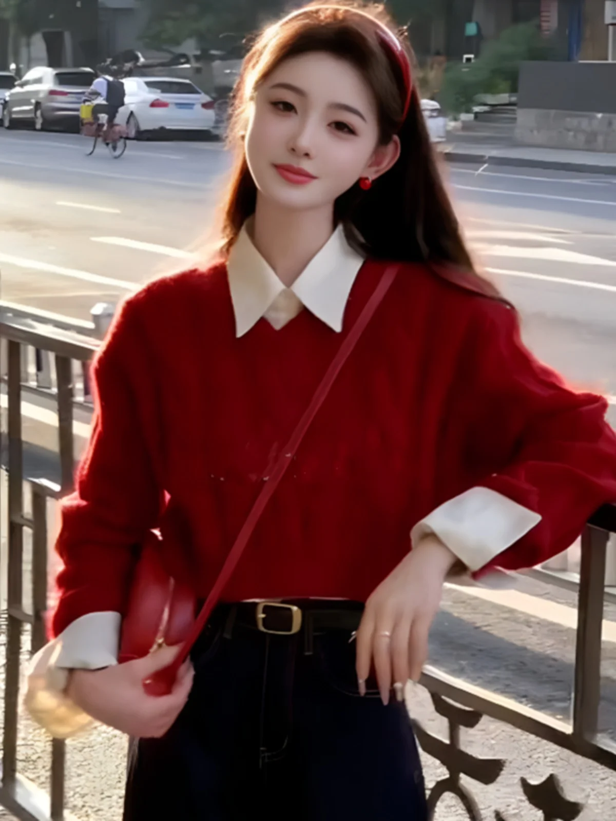 Red Knitted Sweater Women's ort Sve Long Sve Autumn Winter New Sle Faionable High-End Feeling Two-Piece Set Design