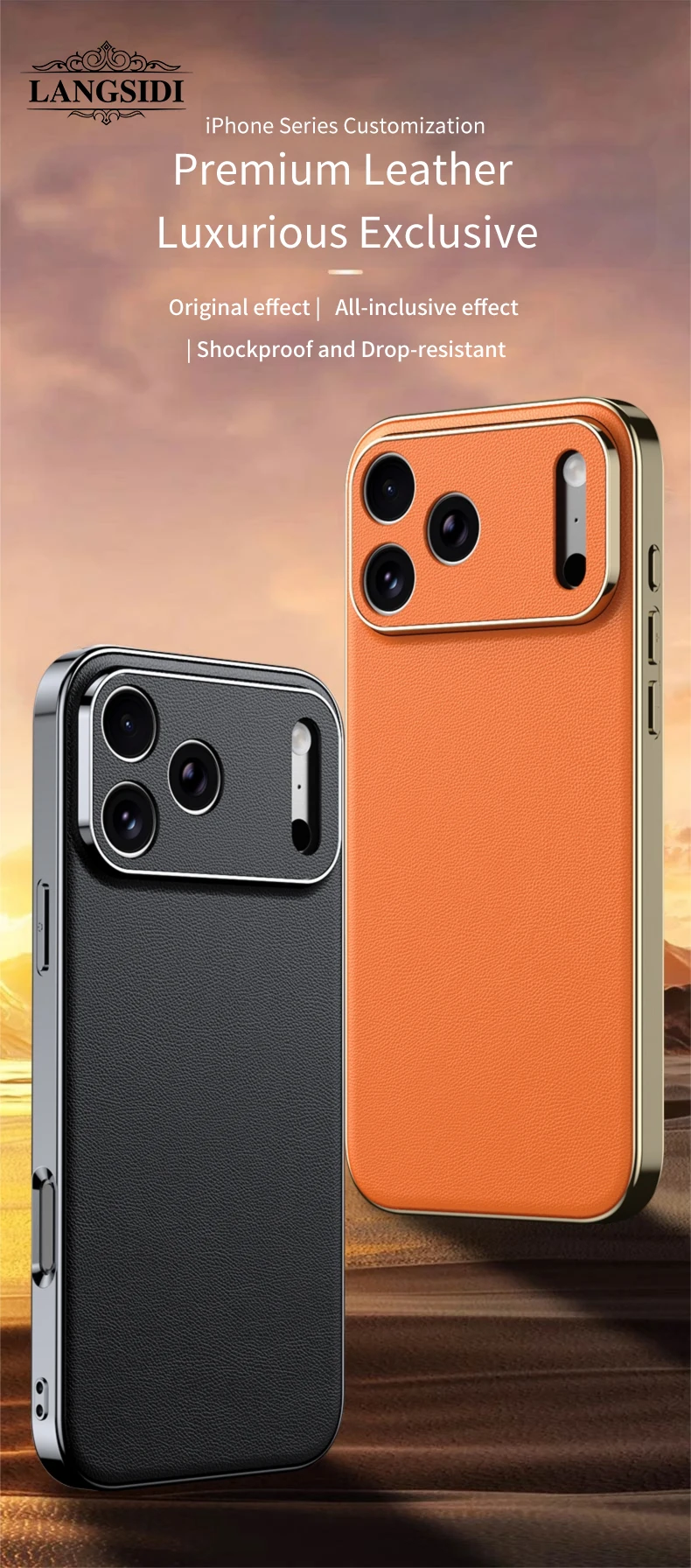 LANGSIDI Luxus-Leder-Handyhülle für iPhone 17 16 15 Pro Max Air 17 Pro 16 Pro, vollständiger Linsenschutz, Rückseite – Detail 1