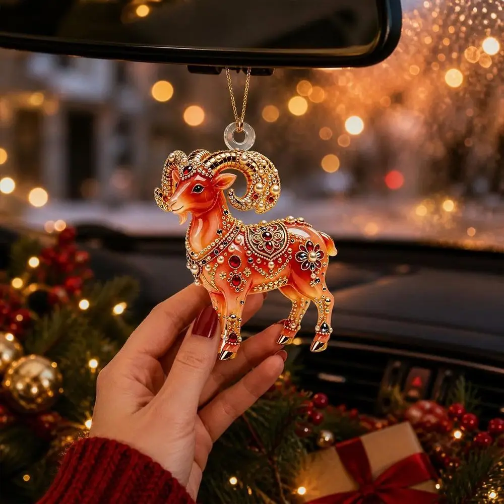 2D Flat Goat Hanging Ornament Acrylic Shining Animal Hanging Decoration Simulation Artificial Rhinestone Keychain
