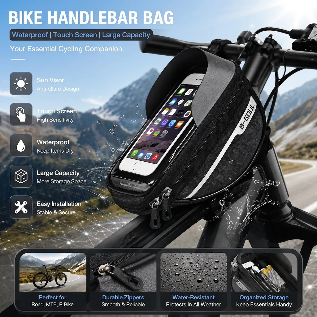 Fahrrad-Lenkertasche Wasserdichte Touchscreen-Handytasche Fahrrad-Vorderrahmentasche Rennrad-E-Bike-Tasche mit Sonnenschutz Fahrrad-Aufbewahrung – Detail 1