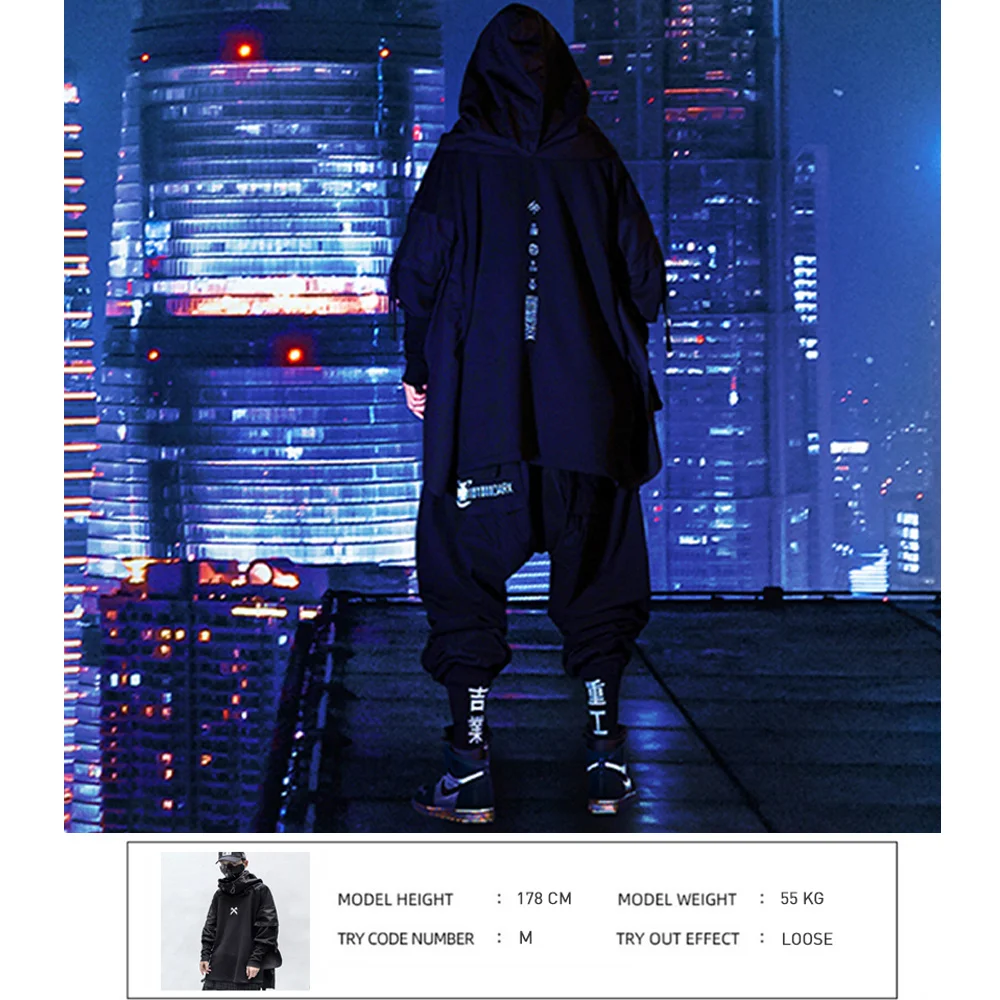 Streetwear Japanese Man Hoodies Hip Hop Embroideried Pullover Patchwork Fake Two Darkwear Tops Techwear Hoodies