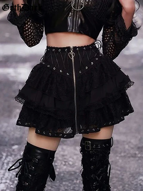 Goth Dark Mini Jupe Plissee en Dentelle pour Femme Vetement Style Gothique Punk Grunge Bandage Fermeture Eclair Streetwear AliExpress