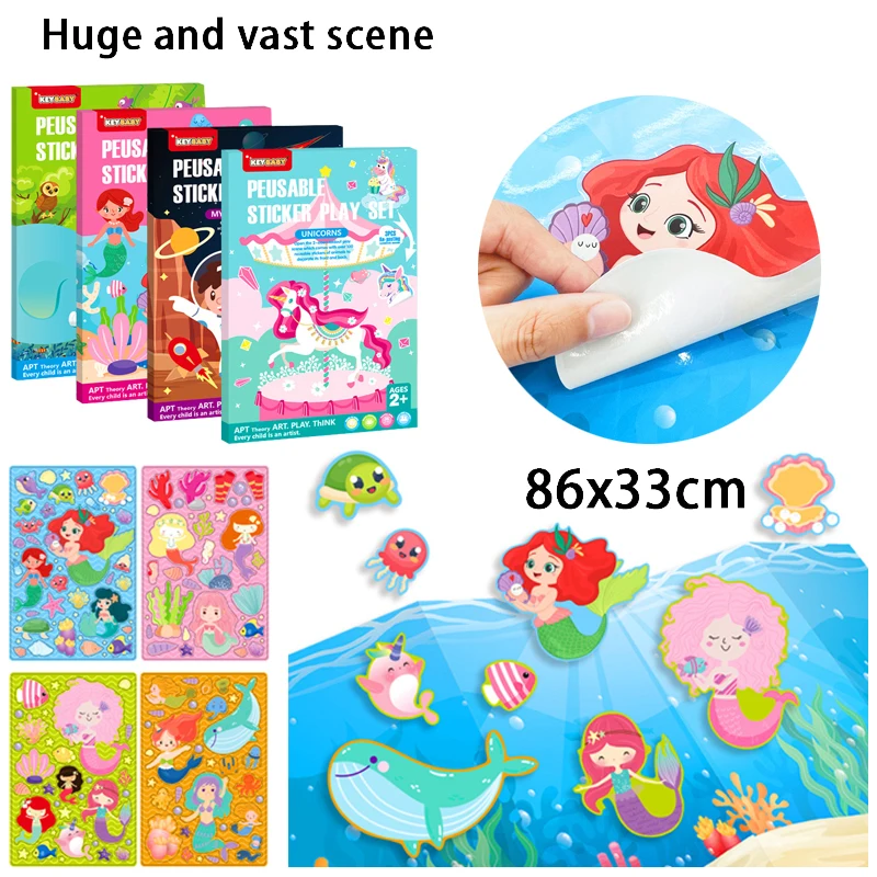 Big Size Scene Gel Clings Cartoon Animal Mermaid Unicorn Funny Puzzle Stickers Game Reusable Window Decals Kids Party Favor Gift