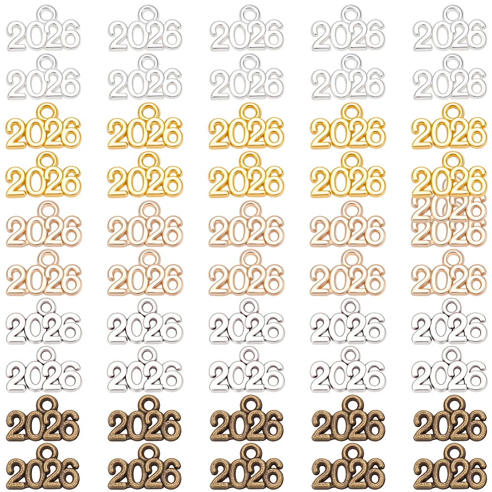 100Pcs 2026 Metal Charm 2026 Graduation Charm Bulk Metal 5 Colors Shiny Silver Bronze Gold Year Number Pendants
