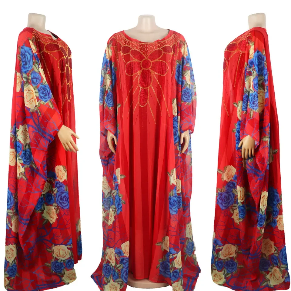 Red Dashiki African Dresses for Women Summer African Women O-neck Polyester Fashion Long Dress With Inner African Clothes Women