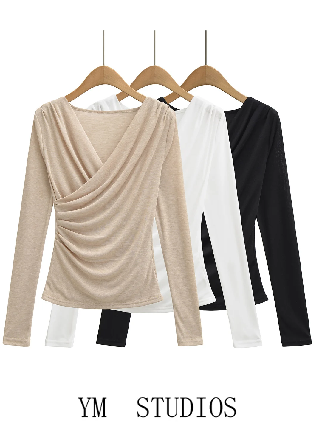 Women's Slim Fit Long Sleeve T-Shirt V-Neck Pleated Imitation Silk Base Shirt High Waist Sexy Style Short Length Top