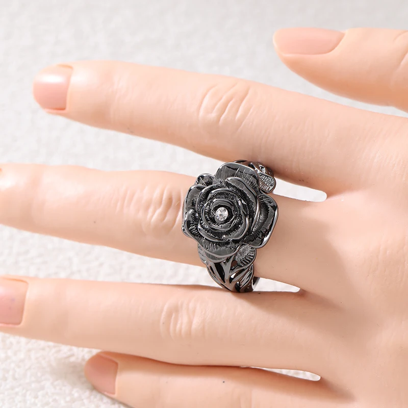 Vintage Inlaid White CZ Women's Ring Ethnic Black Color Hand Carving Rose Flower Daily Wear Party Jewelry Anniversary Gift