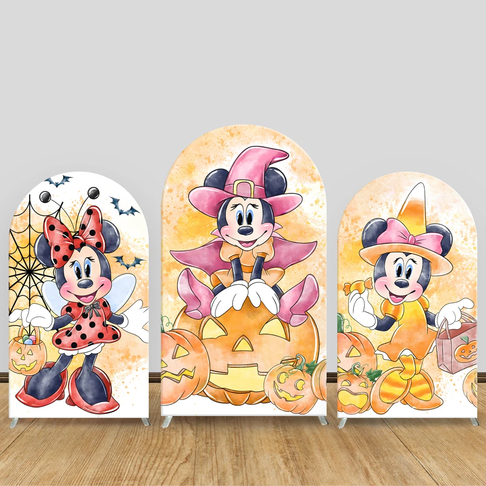 

Halloween Minnie Arch Backdrop Cover Disney Theme Kids Party Yellow Pumpkin Photography Background Party Decor Stretch Fabric