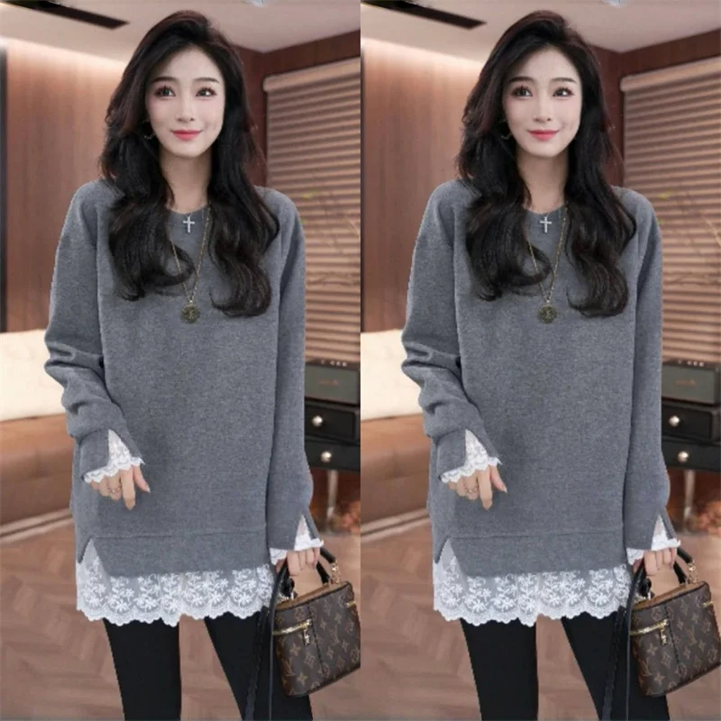 Korean Women Fashion Round Neck Sweatshirt Ladies Lace Fake Two Items Hoodies Tops Spring Autumn Feminine Leisure Sports Shirt
