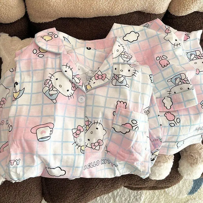 

Женский пижамный комплект Sanrio Hello Kitty, одежда для сна из мягкого хлопка для дома, милые повседневные брюки с длинными рукавами с героями мультфильмов, весенне-осенние повседневные брюки с длинными рукавами
