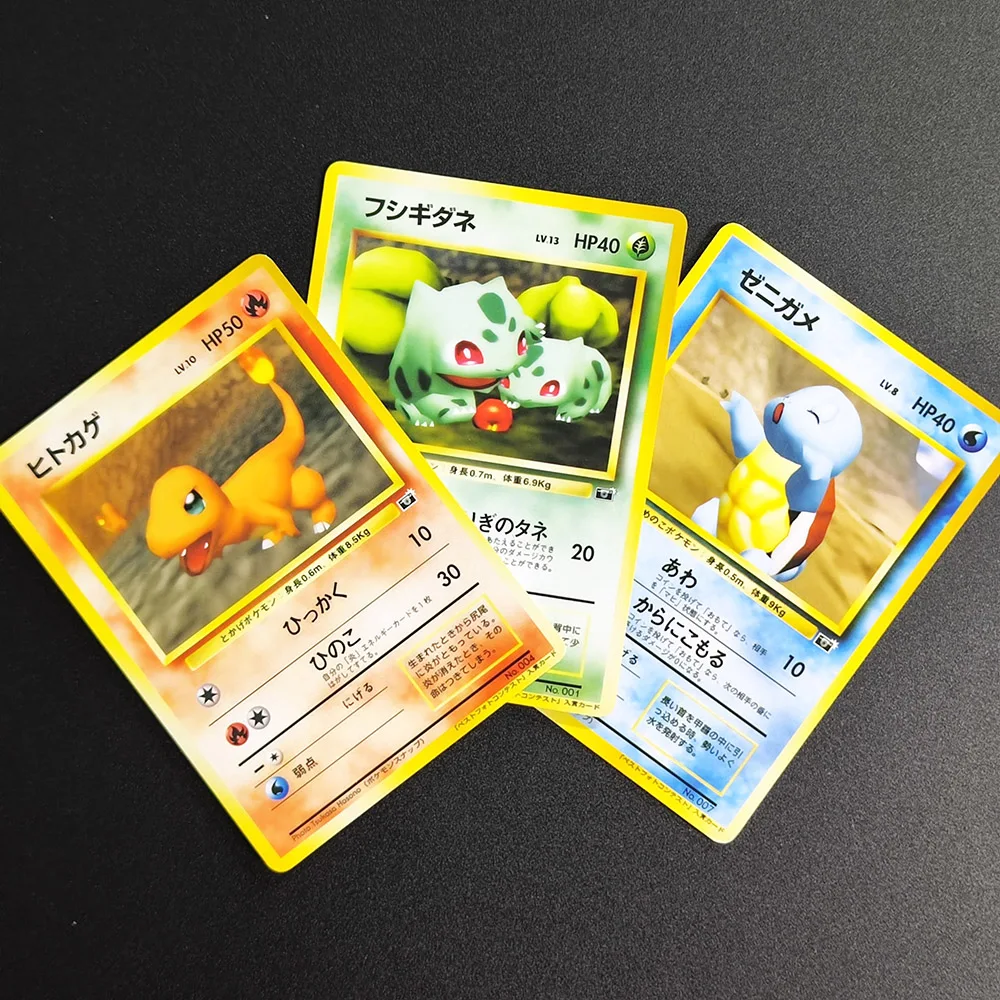 3 Tarjetas Coleccionables de Pokémon Bulbasaur, Squirtle y Charmander, Tarjetas Raras Individuales, Juego Clásico de Anime, Juguetes