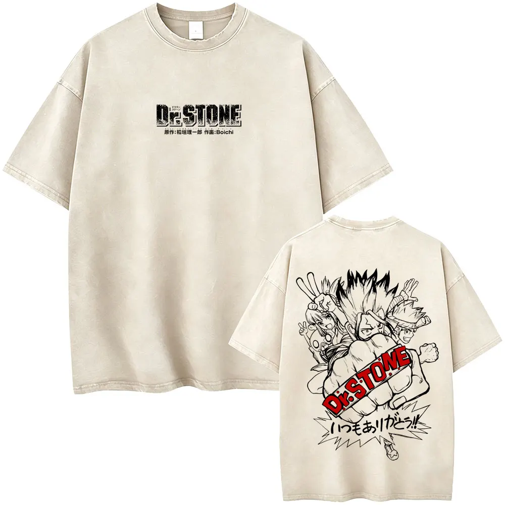 Limited Anime Dr. Stone Graphic T-shirt Manga Senku Ishigami Vintage Washed T Shirts Men Women Casual Retro Oversized T-shirts