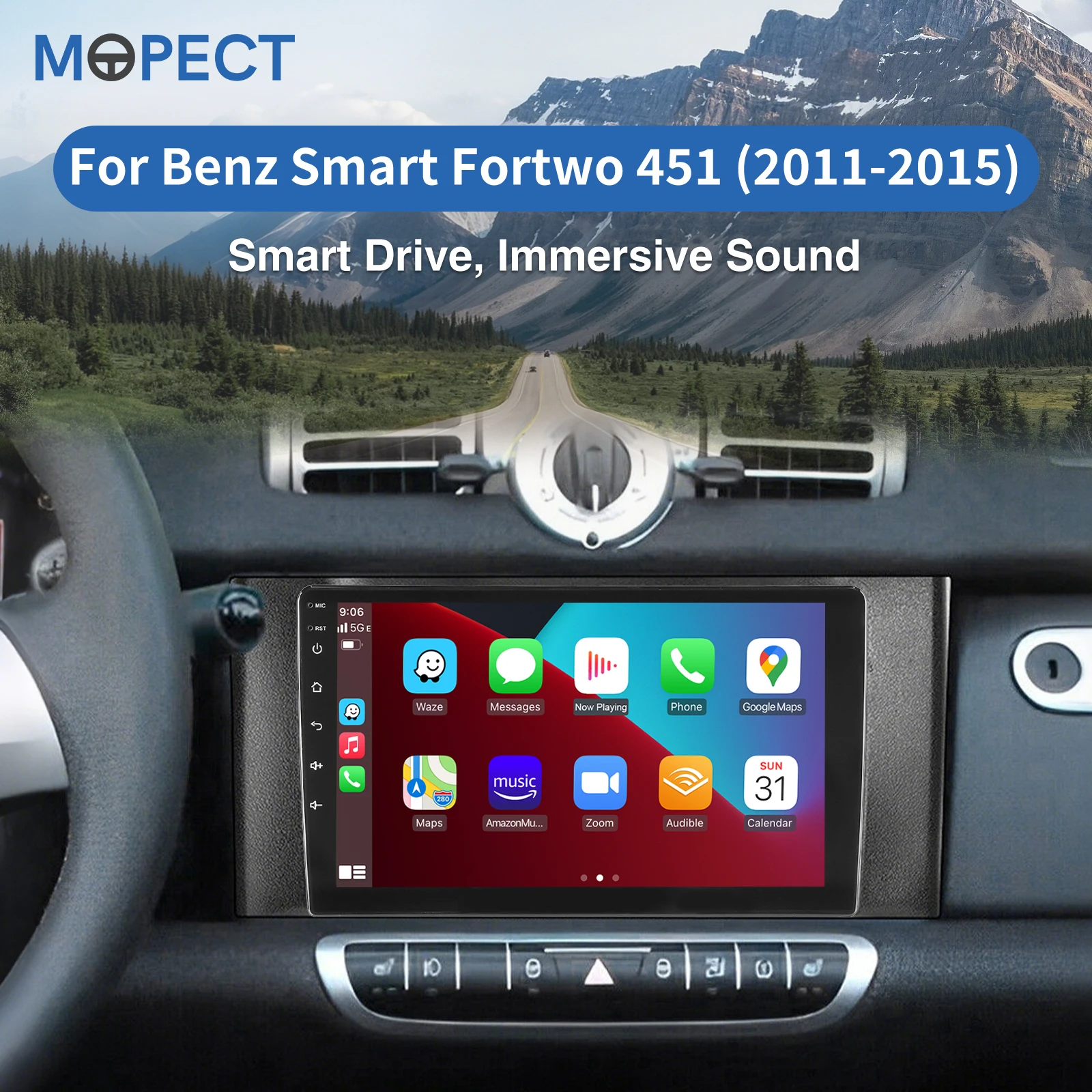 MOPECT 9 Zoll für Mercedes Benz Smart Fortwo 451 2005-2015 Apple CarPlay Android Auto Radio GPS FM WiFi BT AM Multimedia DAB+ DVR – Detail 2
