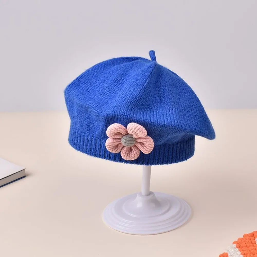 

Cute Flower Beret Hat Winter Warm Korean Knitted Beanie Cap Artist Princess Knitted Hat For Infant Girls