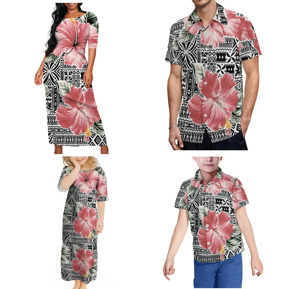 Samoa Hibiscus Flower Design Nuovo Family Party Abbigliamento Polinesiano Stampato Tribù Donne Ragazze Puletasi Vestito Gonna Uomo Ragazzi Camicia