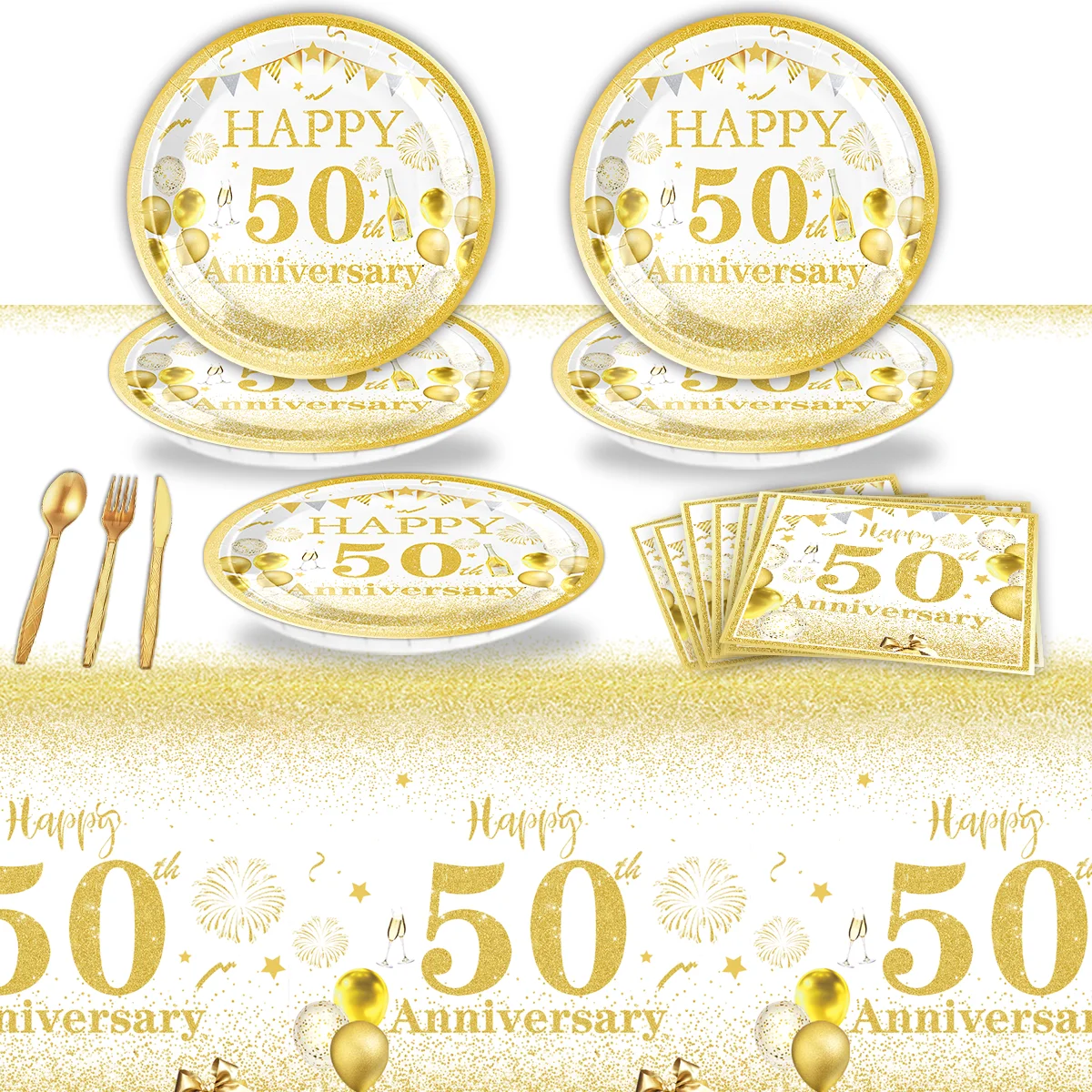 Happy 50th birthday party table supplies, white and gold theme, napkins, 7inch paper cups, tablecloth, plates,  party decoration