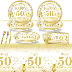 Happy 50th birthday party table supplies, white and gold theme, napkins, 7inch paper cups, tablecloth, plates,  party decoration