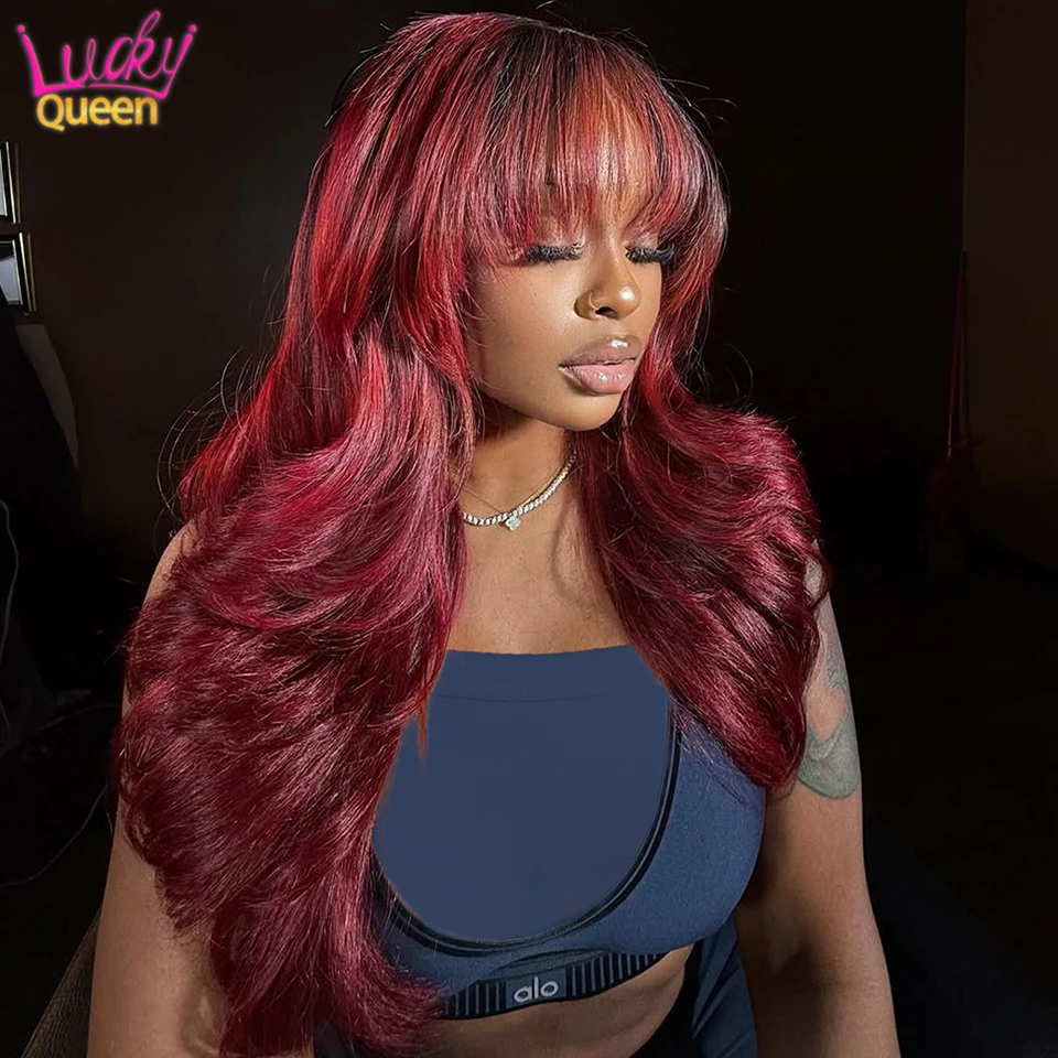 

Human Hair Ombre 1B Burgundy with Bangs 180 Density Pre Plucked 13X6 Lace Front Wigs Brazilian Transparent 7X5Glueless For Women