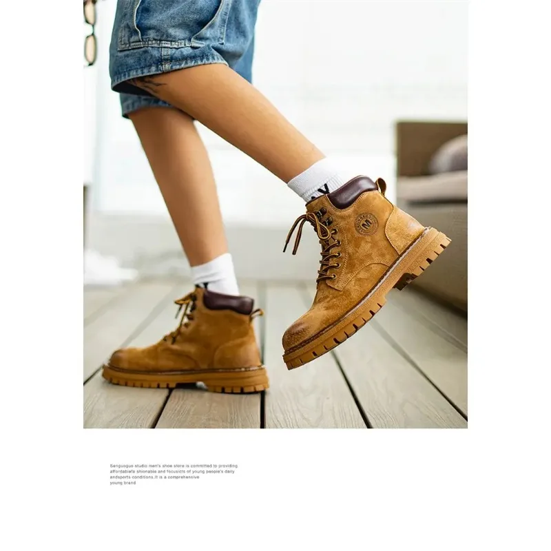 Мужские высокие ботинки, четырехсезонная уличная рабочая обувь, нескользящие и удобные желтые ботинки, модные повседневные кожаные ботинки в британском стиле