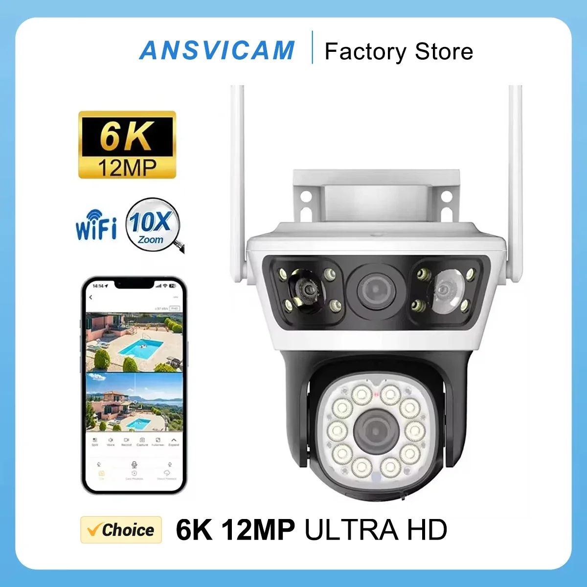 6K 12MP WiFi Outdoor Camera Three Lens, Three Screen Motion Detection, Night Vision, Two-Way Audio Baby Surveillance CCTV Camera