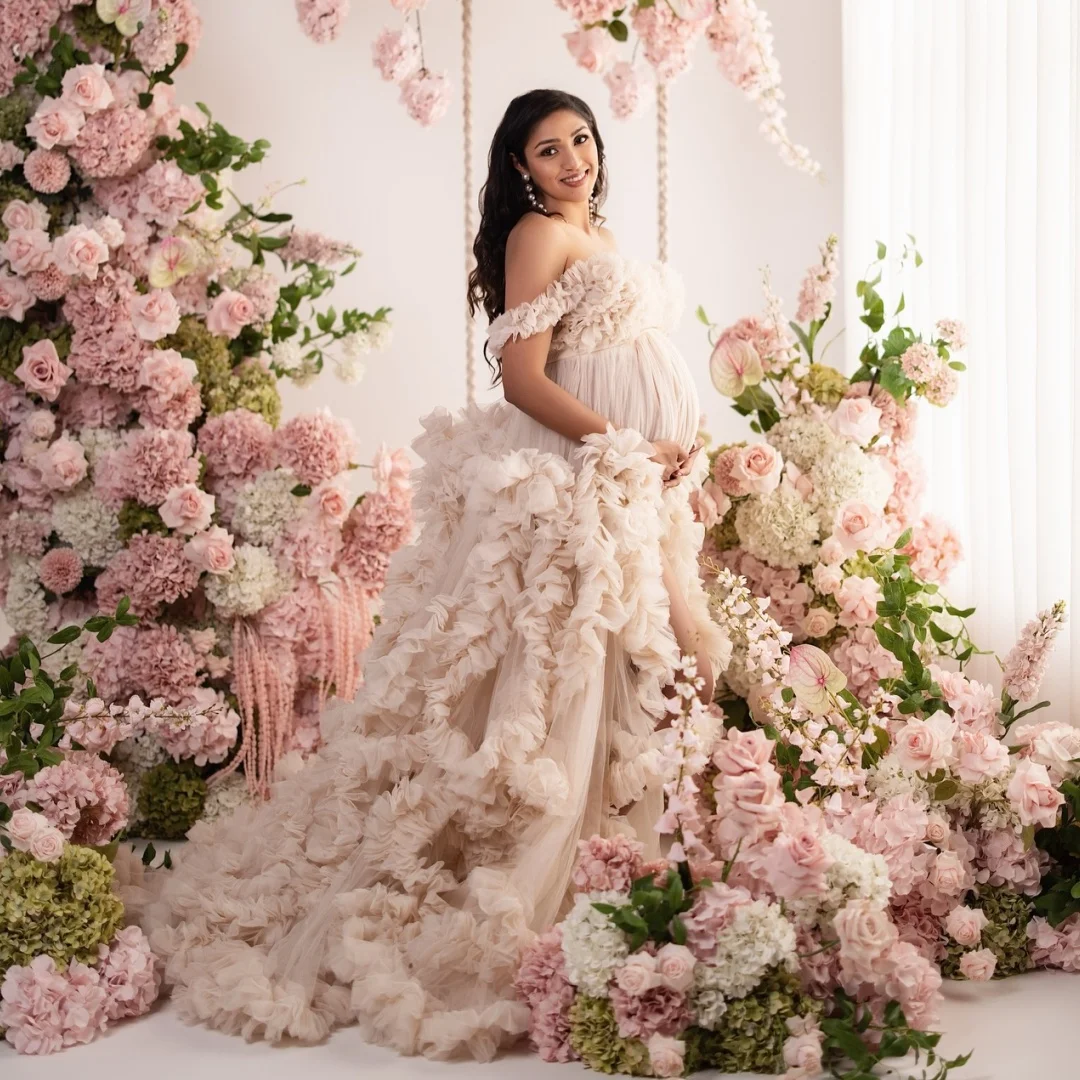 

Ivory Prom Dresses Plus Size Slit Maternity Photoshoot Dress Tulle Ruffles Fairy Baby Shower Gown Photography Props Customized