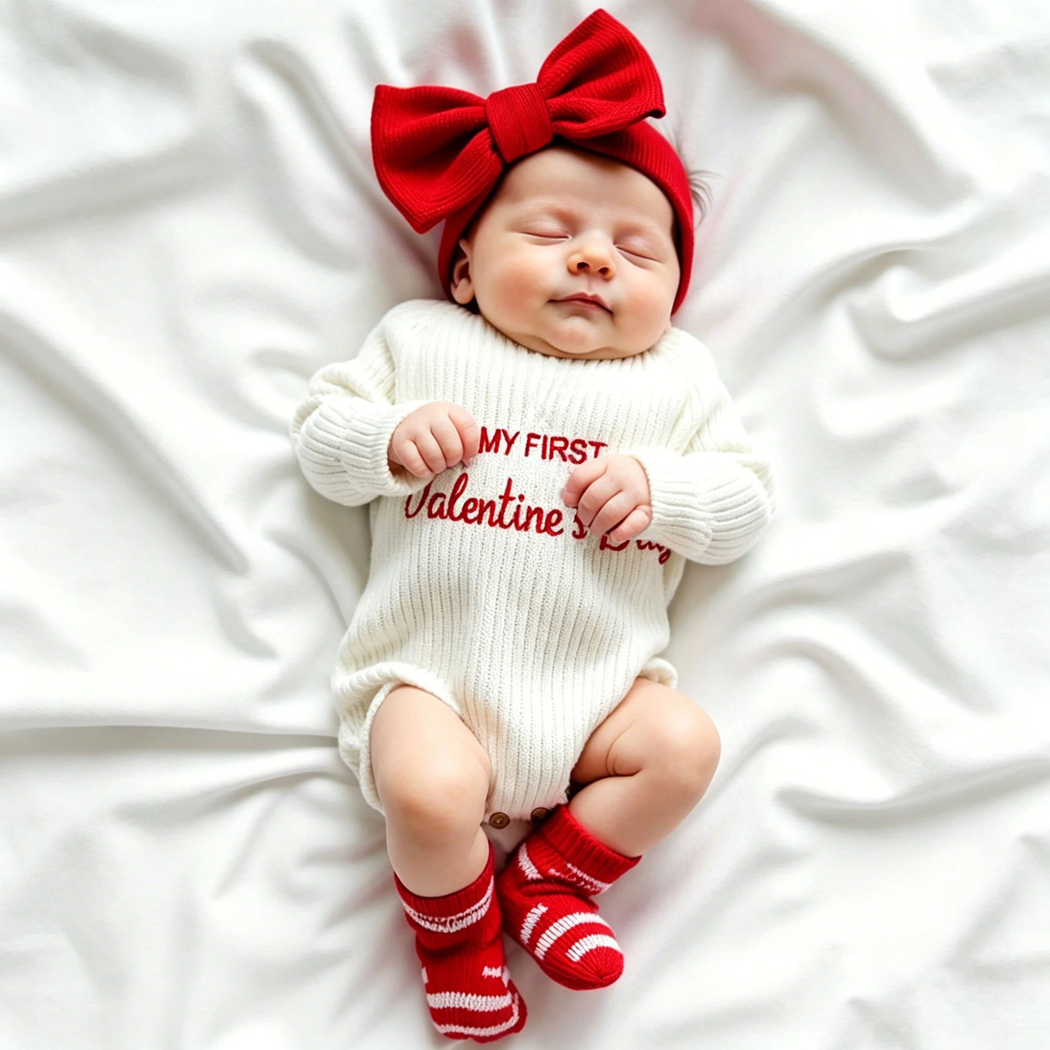 Ylsteed Newborn Valentine Day Knitted Outfit Romper BigRed Bow Headband Set Girl Baby Comfortable Jumpsuit Perfect Photoshoot