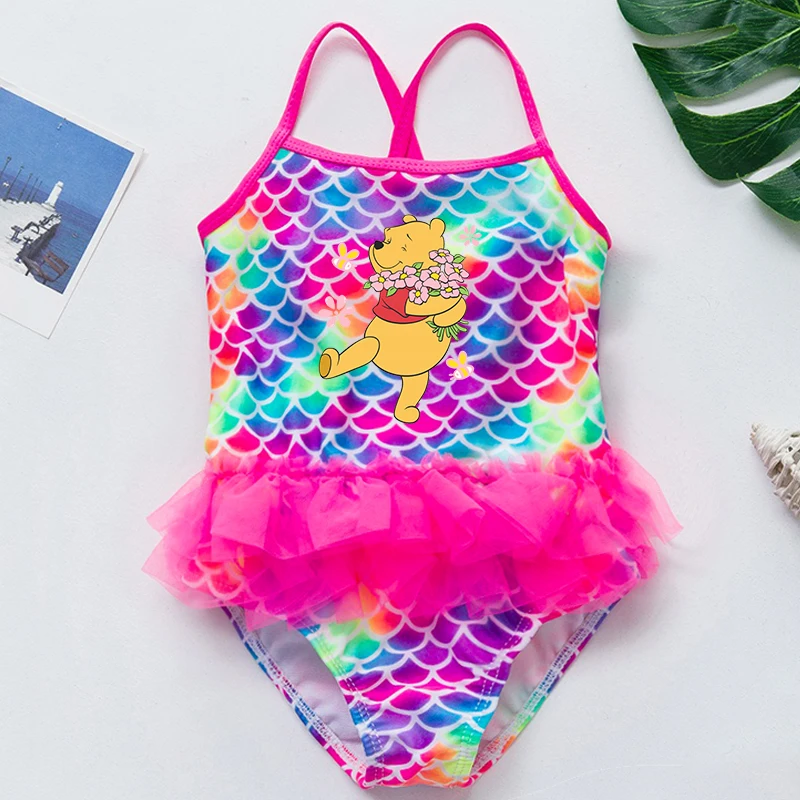 

Купальник для девочек с принтом Винни-Пуха, летний цельный купальник, пляжная одежда, купальник с принтом рыбьей чешуи, бикини, одежда для плавания