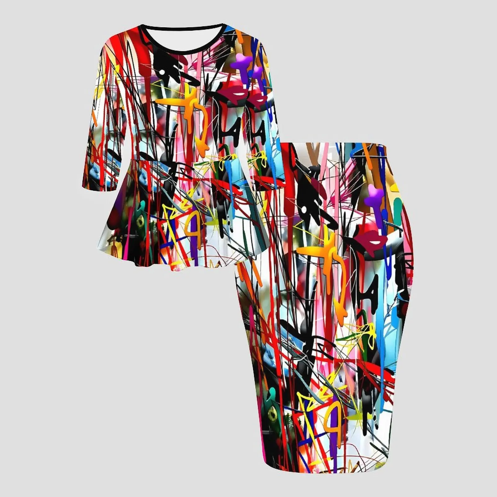 Autumnand Winter Crew Neckthree-quarter Sleeve  Ladies Tight-fitting Knee-length SkirtRetro Elegant Printed Party Two-piece Set