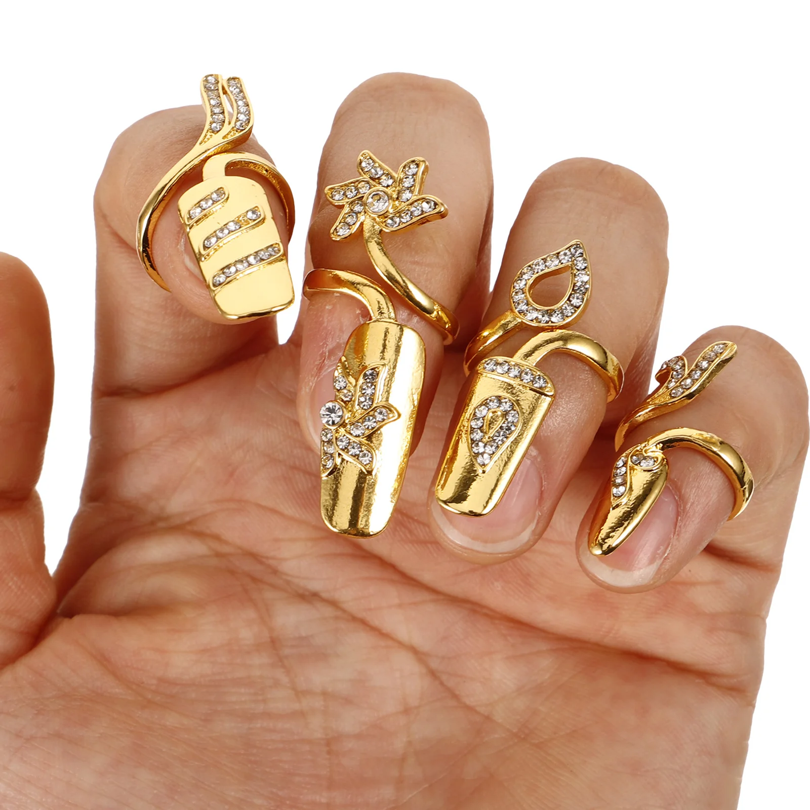 4Pcs Fashion Nail Rings Women's Rhinestone Fingernail Jewelry Alloy Finger Tip Rings Easy to Wear No Glue Needed Gift