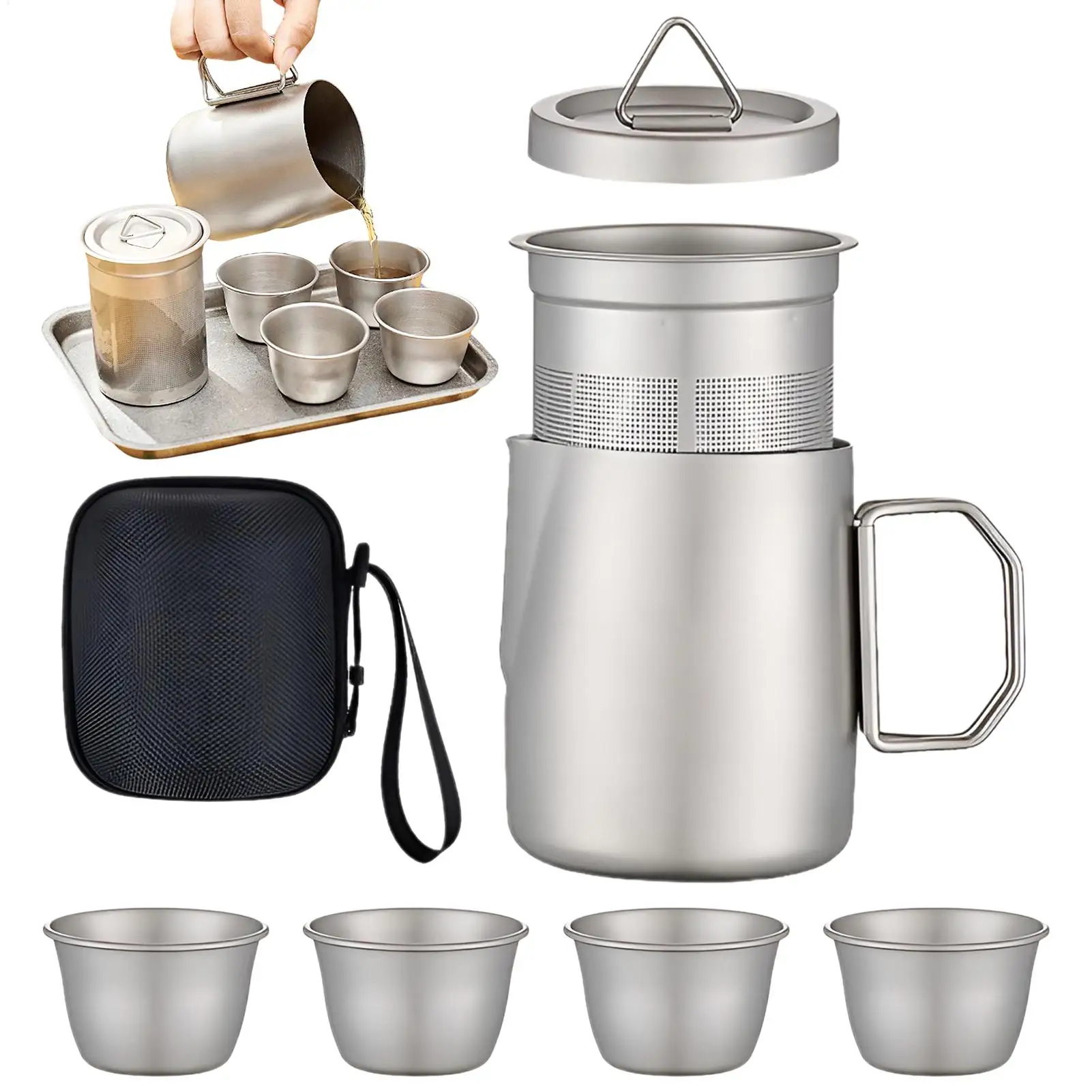 

Portable 4-Piece Tea Set with Pot, Cups & Infuser, Compact 50ml Mini Travel Tea Kit for Camping, Hiking, Office, Picnics & Home